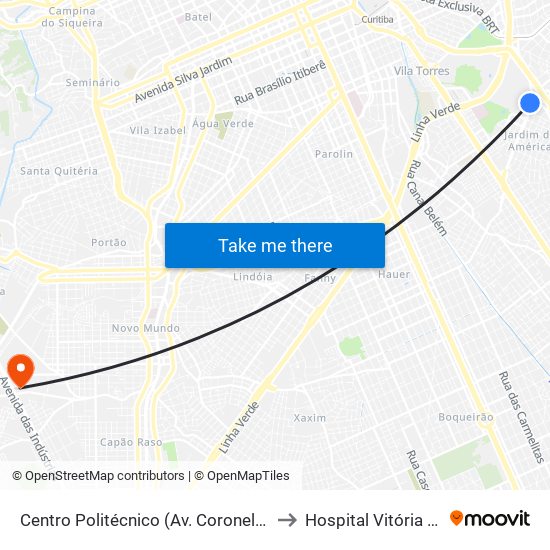 Centro Politécnico (Av. Coronel Francisco Heráclito Dos Santos, 400) to Hospital Vitória - Pronto Atendimento map