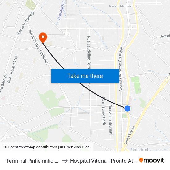 Terminal Pinheirinho (Externo) to Hospital Vitória - Pronto Atendimento map