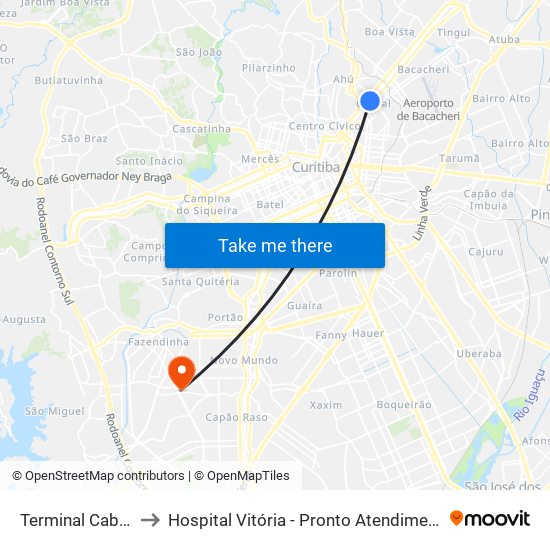 Terminal Cabral to Hospital Vitória - Pronto Atendimento map