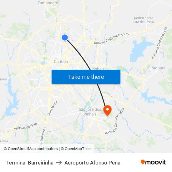 Terminal Barreirinha to Aeroporto Afonso Pena map
