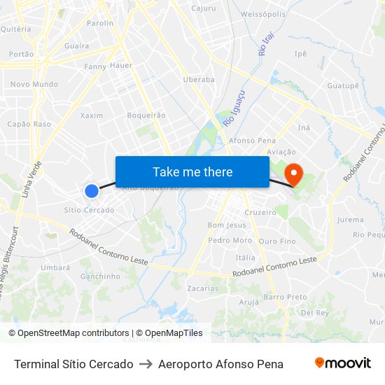 Terminal Sítio Cercado to Aeroporto Afonso Pena map