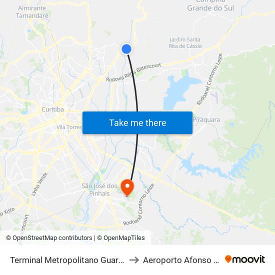 Terminal Metropolitano Guaraituba to Aeroporto Afonso Pena map