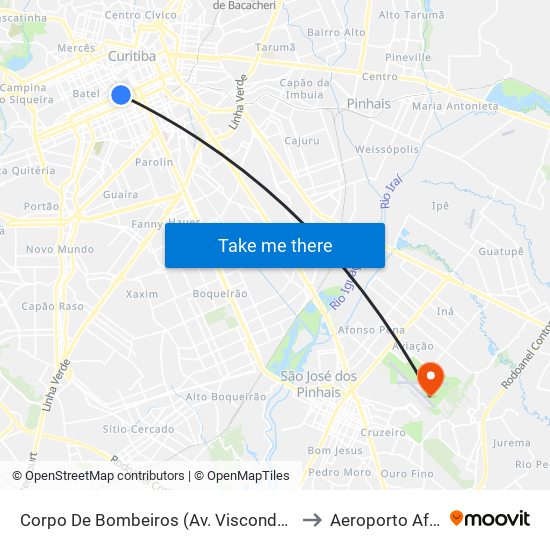Corpo De Bombeiros (Av. Visconde De Guarapuava, 3571) to Aeroporto Afonso Pena map