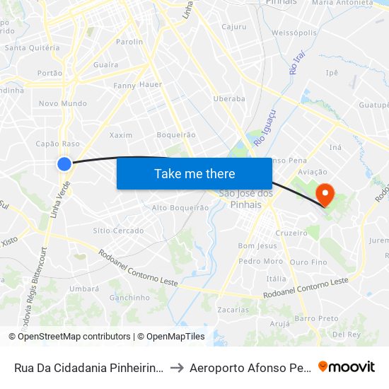 Rua Da Cidadania Pinheirinho to Aeroporto Afonso Pena map