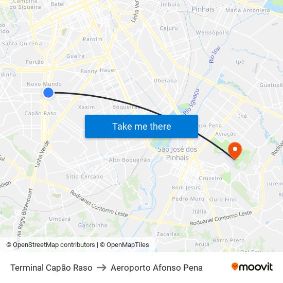 Terminal Capão Raso to Aeroporto Afonso Pena map
