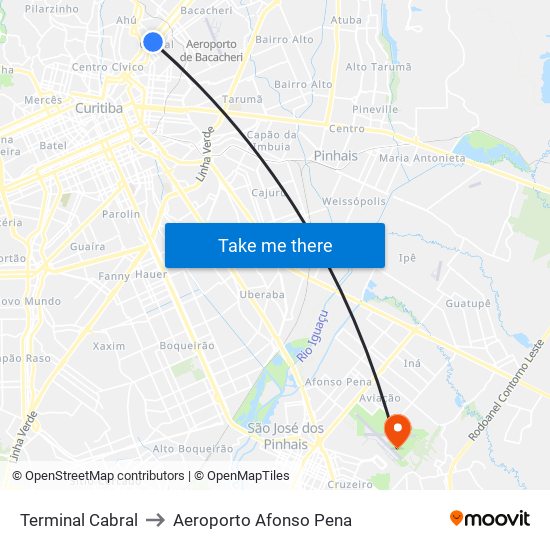 Terminal Cabral to Aeroporto Afonso Pena map