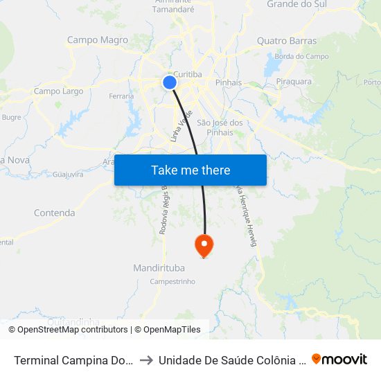 Terminal Campina Do Siqueira to Unidade De Saúde Colônia Marcelino map