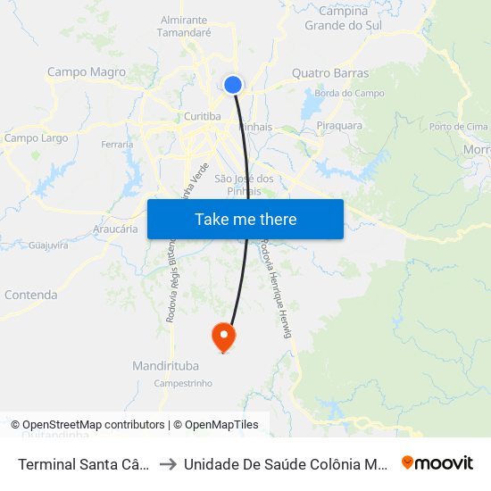 Terminal Santa Cândida to Unidade De Saúde Colônia Marcelino map