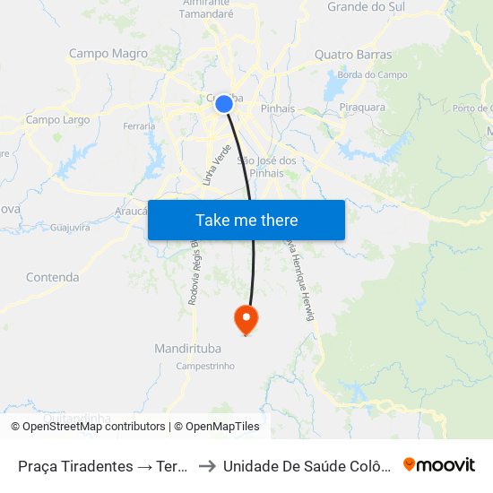 Praça Tiradentes → Terminal Pinhais to Unidade De Saúde Colônia Marcelino map