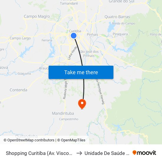 Shopping Curitiba (Av. Visconde De Guarapuava, 3850) to Unidade De Saúde Colônia Marcelino map
