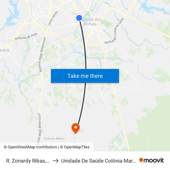 R. Zonardy Ribas, 750 to Unidade De Saúde Colônia Marcelino map