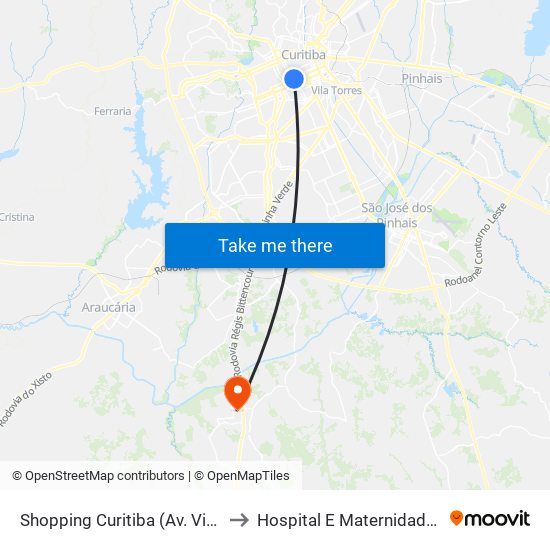 Shopping Curitiba (Av. Visconde De Guarapuava, 3850) to Hospital E Maternidade Nossa Senhora Aparecida map