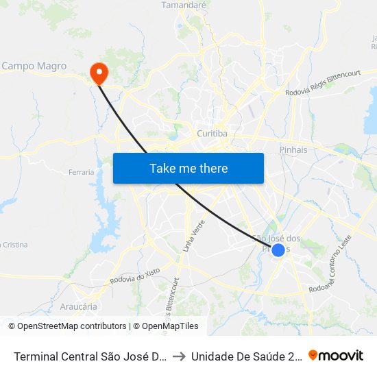 Terminal Central São José Dos Pinhais to Unidade De Saúde 24 Horas map