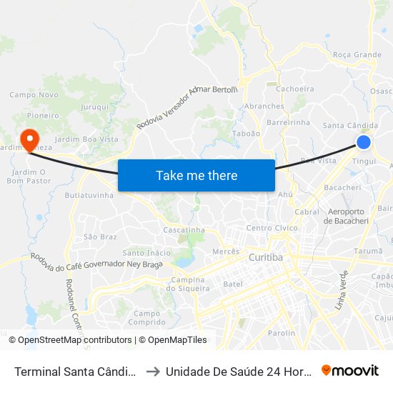 Terminal Santa Cândida to Unidade De Saúde 24 Horas map