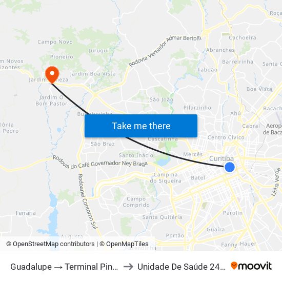 Guadalupe → Terminal Pinheirinho to Unidade De Saúde 24 Horas map