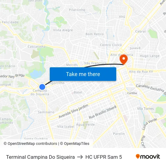 Terminal Campina Do Siqueira to HC UFPR Sam 5 map