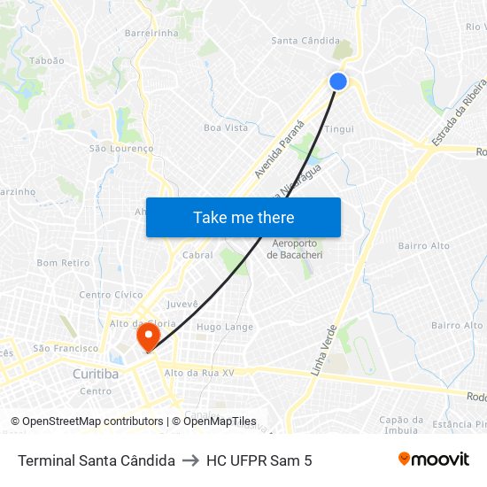 Terminal Santa Cândida to HC UFPR Sam 5 map