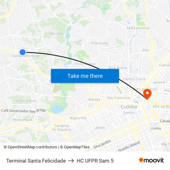 Terminal Santa Felicidade to HC UFPR Sam 5 map