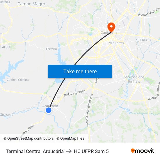 Terminal Central Araucária to HC UFPR Sam 5 map