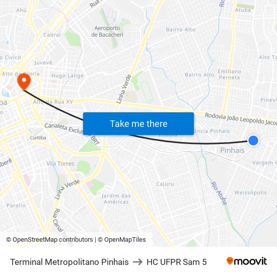 Terminal Metropolitano Pinhais to HC UFPR Sam 5 map