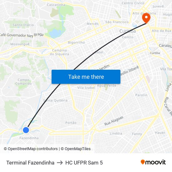 Terminal Fazendinha to HC UFPR Sam 5 map