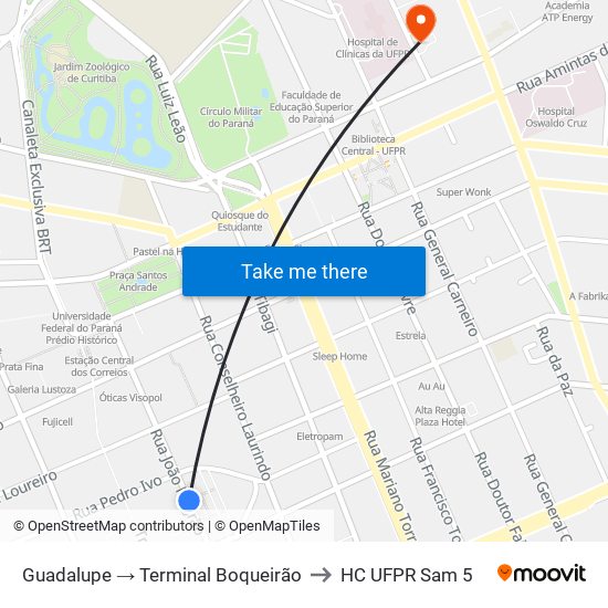 Guadalupe → Terminal Boqueirão to HC UFPR Sam 5 map