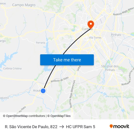 R. São Vicente De Paulo, 822 to HC UFPR Sam 5 map