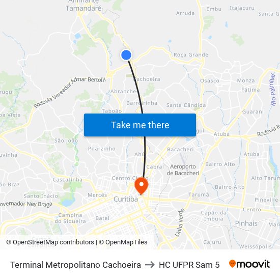 Terminal Metropolitano Cachoeira to HC UFPR Sam 5 map