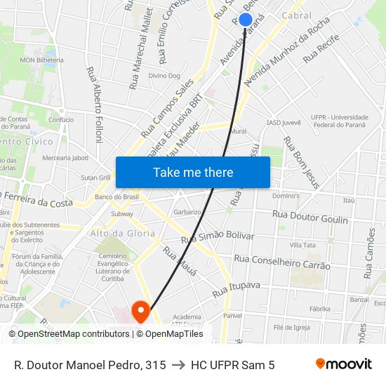 R. Doutor Manoel Pedro, 315 to HC UFPR Sam 5 map