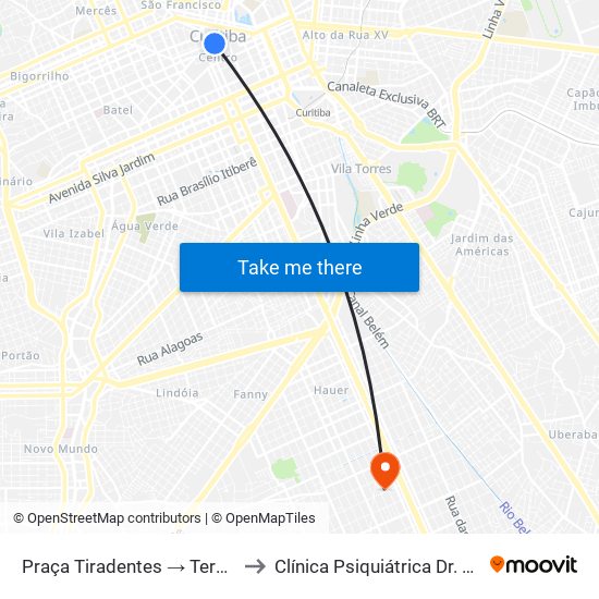 Praça Tiradentes → Terminal Bairro Alto to Clínica Psiquiátrica Dr. Hélio Rotenberg map