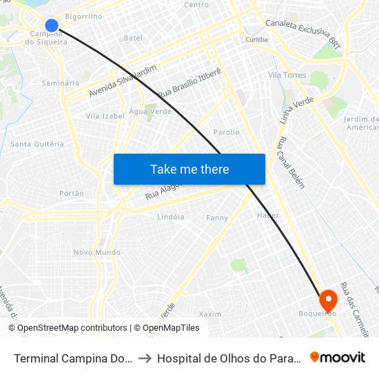 Terminal Campina Do Siqueira to Hospital de Olhos do Paraná - Carmo map