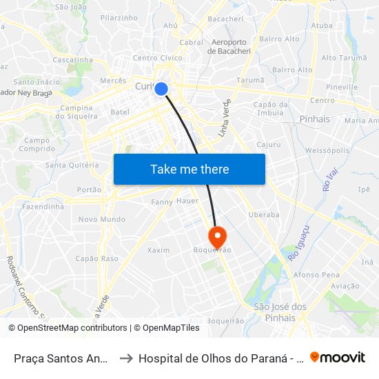 Praça Santos Andrade to Hospital de Olhos do Paraná - Carmo map