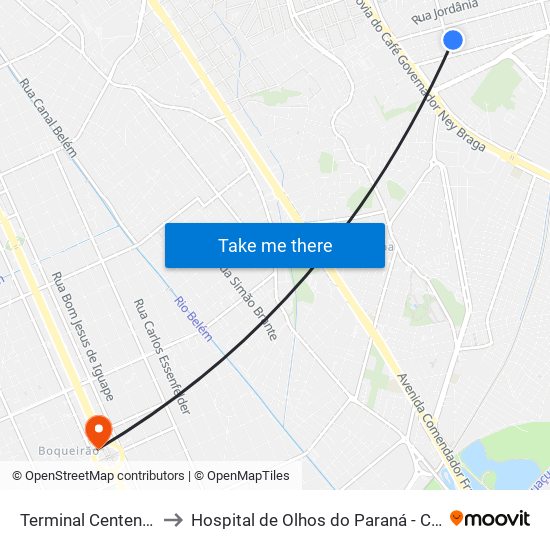 Terminal Centenário to Hospital de Olhos do Paraná - Carmo map