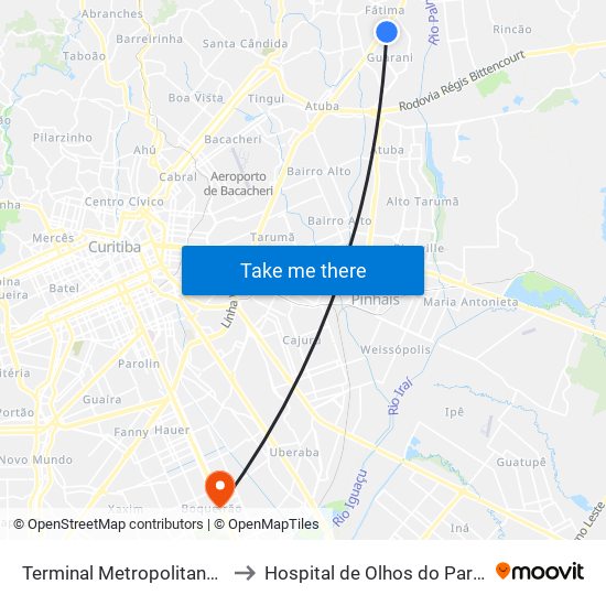 Terminal Metropolitano Maracanã to Hospital de Olhos do Paraná - Carmo map