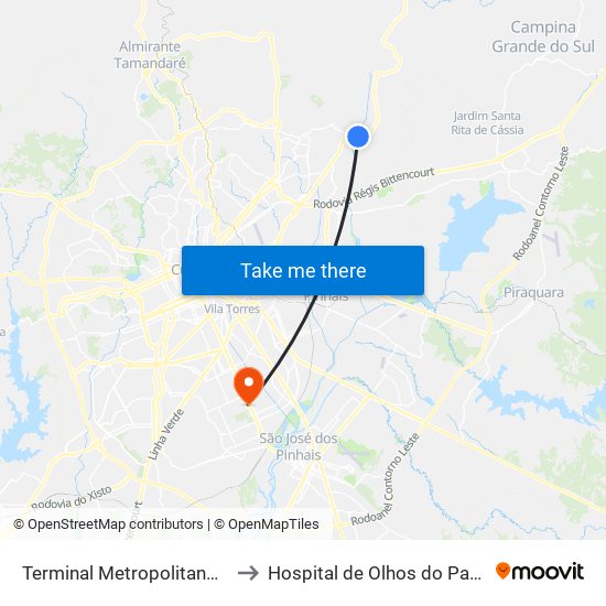 Terminal Metropolitano Guaraituba to Hospital de Olhos do Paraná - Carmo map