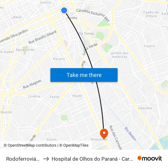 Rodoferroviária to Hospital de Olhos do Paraná - Carmo map