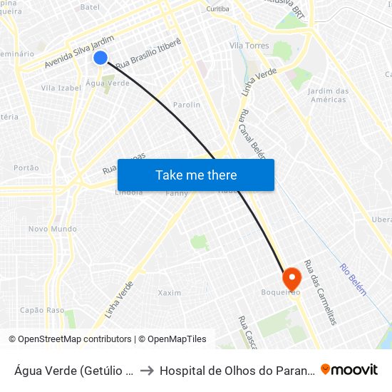 Água Verde (Getúlio Vargas) to Hospital de Olhos do Paraná - Carmo map