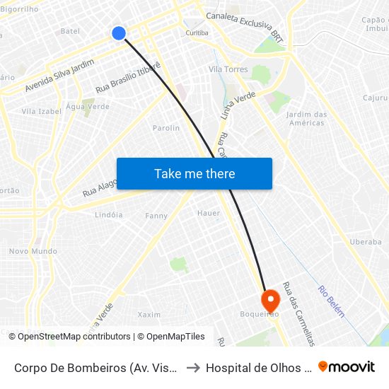 Corpo De Bombeiros (Av. Visconde De Guarapuava, 3571) to Hospital de Olhos do Paraná - Carmo map