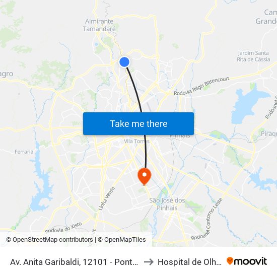 Av. Anita Garibaldi, 12101 - Ponto De Integração Temporal (Desembarque) to Hospital de Olhos do Paraná - Carmo map