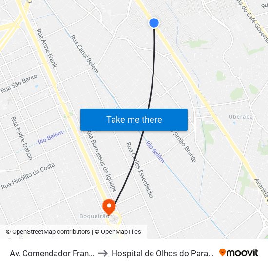 Av. Comendador Franco, 4485 to Hospital de Olhos do Paraná - Carmo map