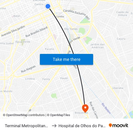 Terminal Metropolitano Guadalupe to Hospital de Olhos do Paraná - Carmo map