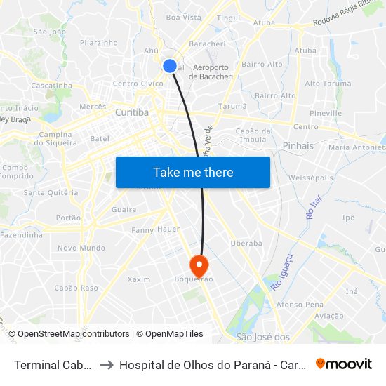 Terminal Cabral to Hospital de Olhos do Paraná - Carmo map