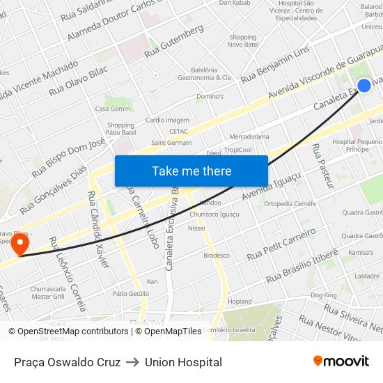 Praça Oswaldo Cruz to Union Hospital map