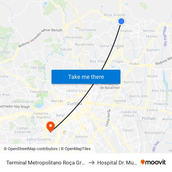 Terminal Metropolitano Roça Grande to Hospital Dr. Muricy map