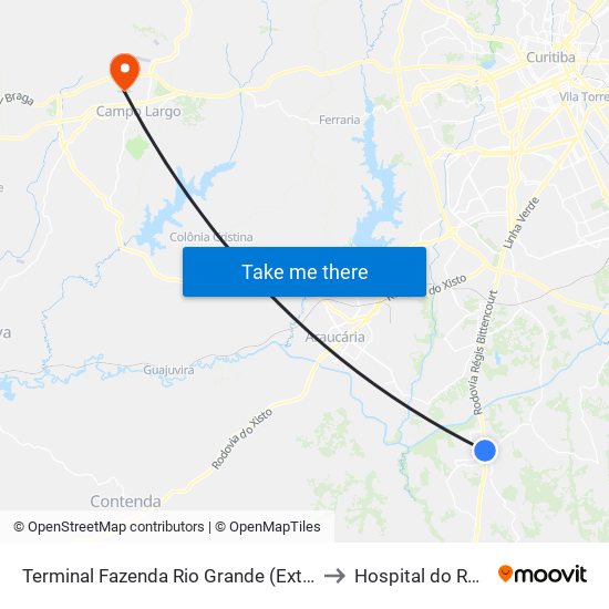 Terminal Fazenda Rio Grande (Externo) to Hospital do Rocio map