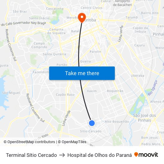 Terminal Sítio Cercado to Hospital de Olhos do Paraná map