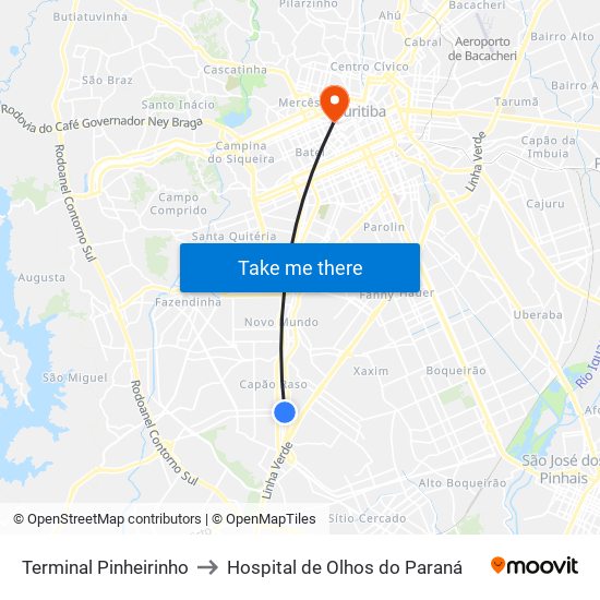 Terminal Pinheirinho to Hospital de Olhos do Paraná map