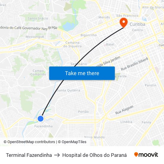 Terminal Fazendinha to Hospital de Olhos do Paraná map