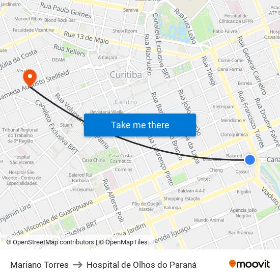 Mariano Torres to Hospital de Olhos do Paraná map