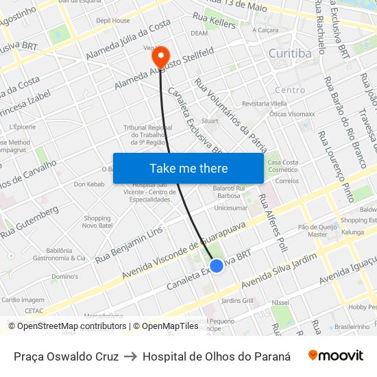 Praça Oswaldo Cruz to Hospital de Olhos do Paraná map